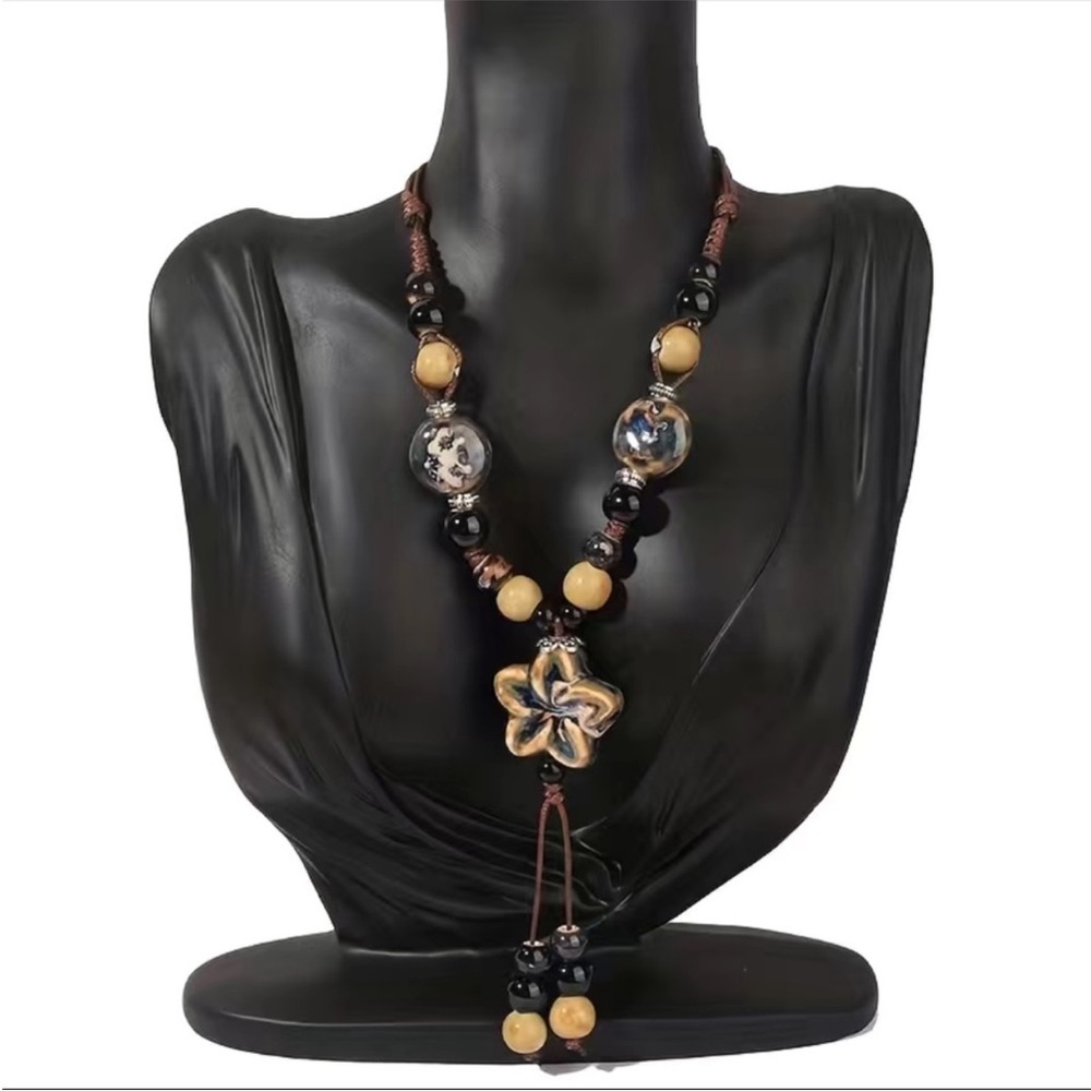 Bohemian Ethnic Style Beads Ceramic Necklace Adjustable Length Chinese Style
